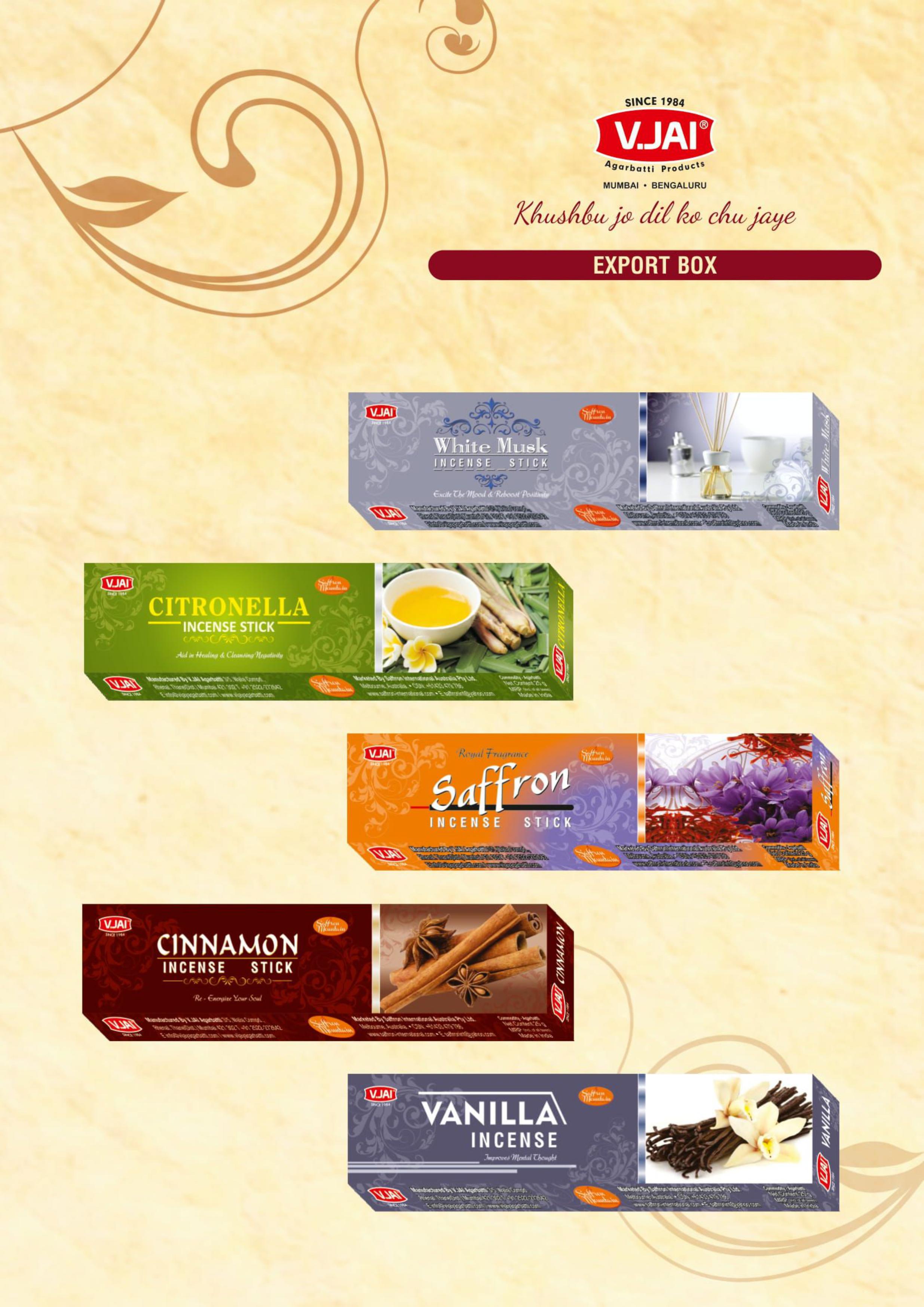 White Musk, Citronela, Saffron, Chinnamon, Vanila, Export Boxes