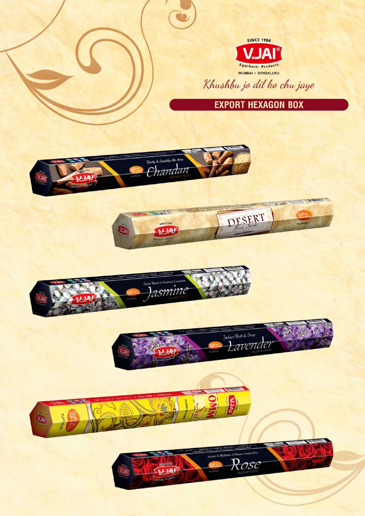 Chandan, Desert, Jasmin, Lavender, Omm, Rose, Hexagone Export Boxes