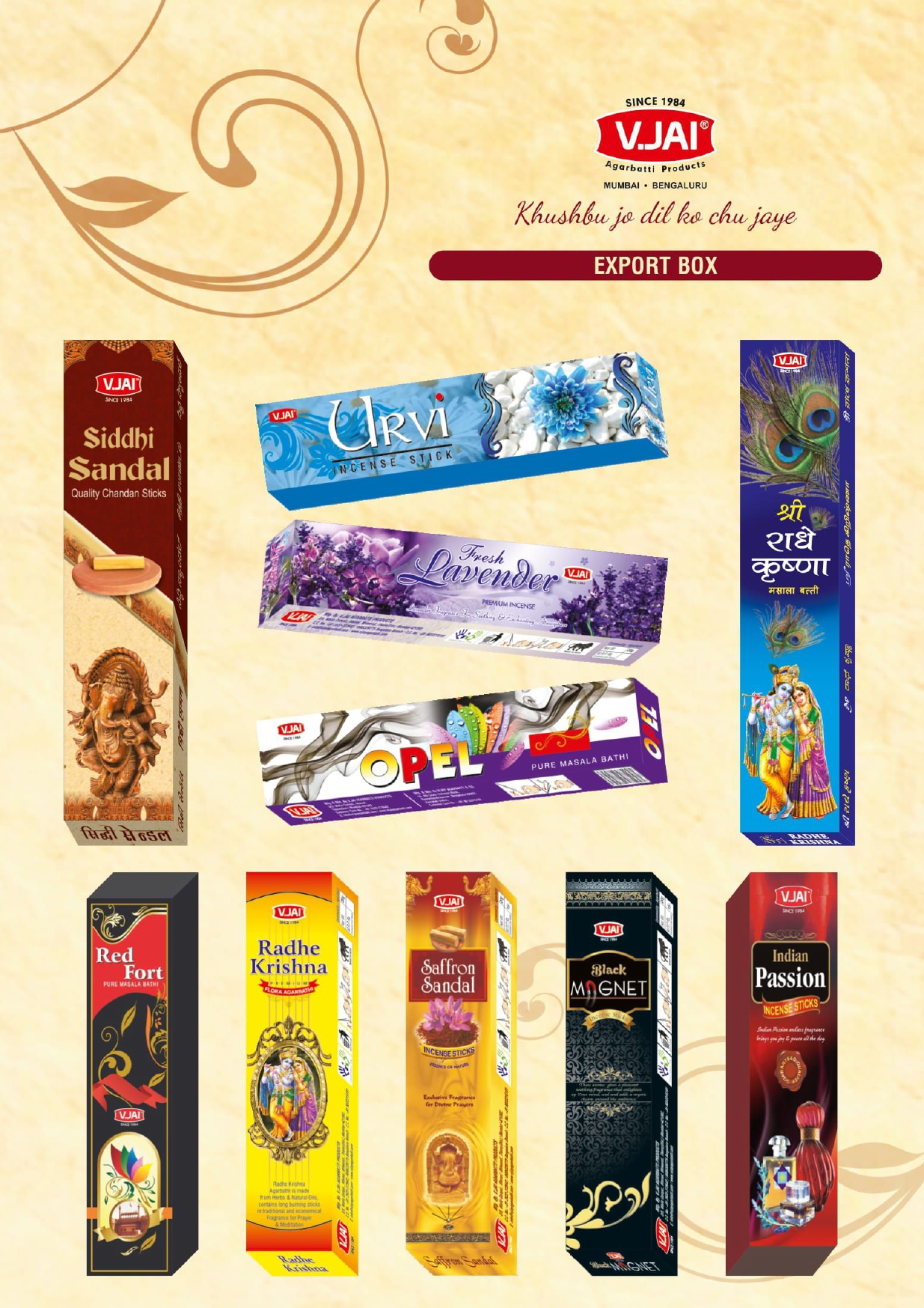 Siddhi Sandal, Urvi, Lavender, Opel, Radhe Krishna, Red Fort, Saffron Sandal, Black Magnet, Indian Passion, Export Boxes